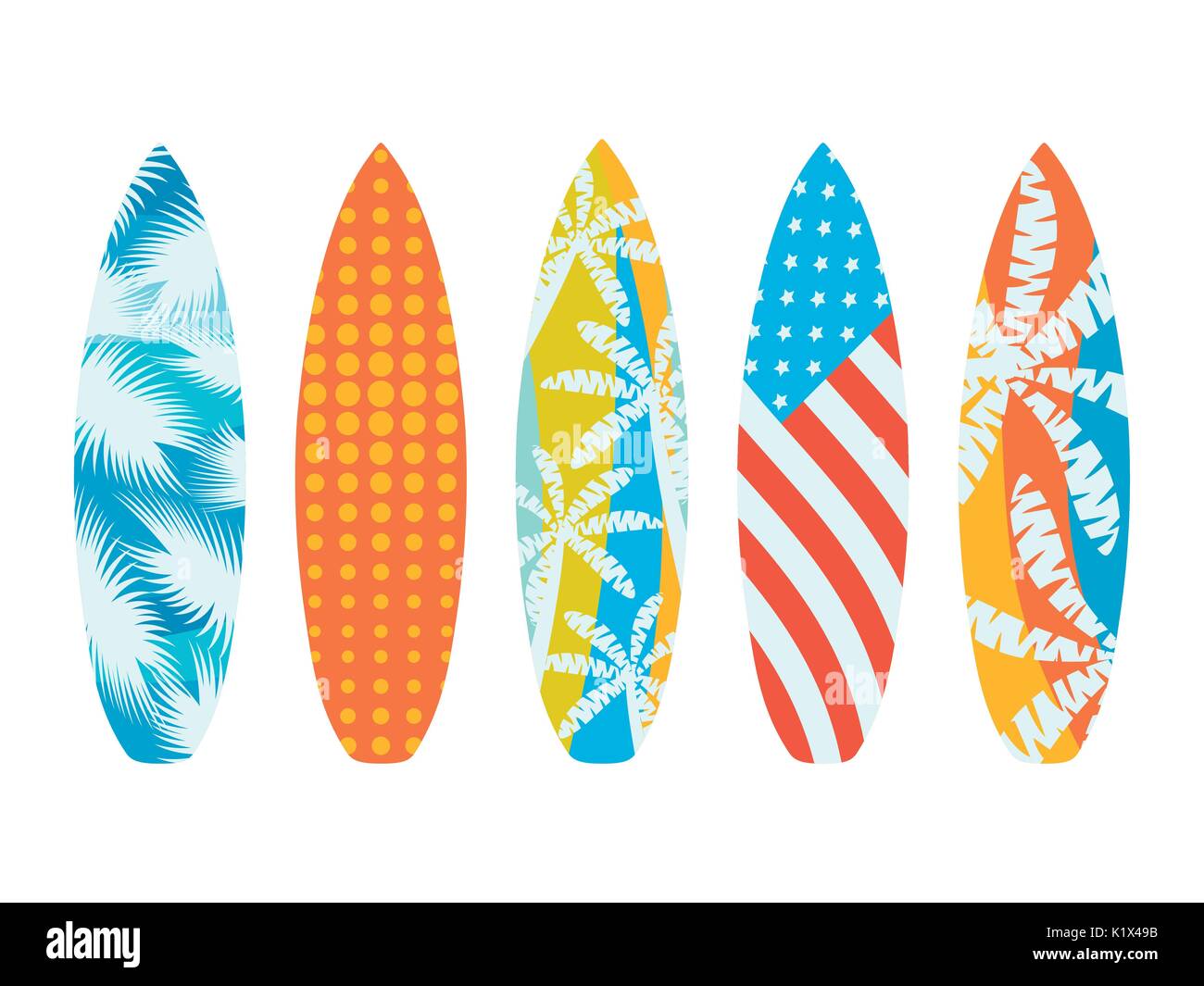 Surfboards on a white background. Types of surfboards with a pattern