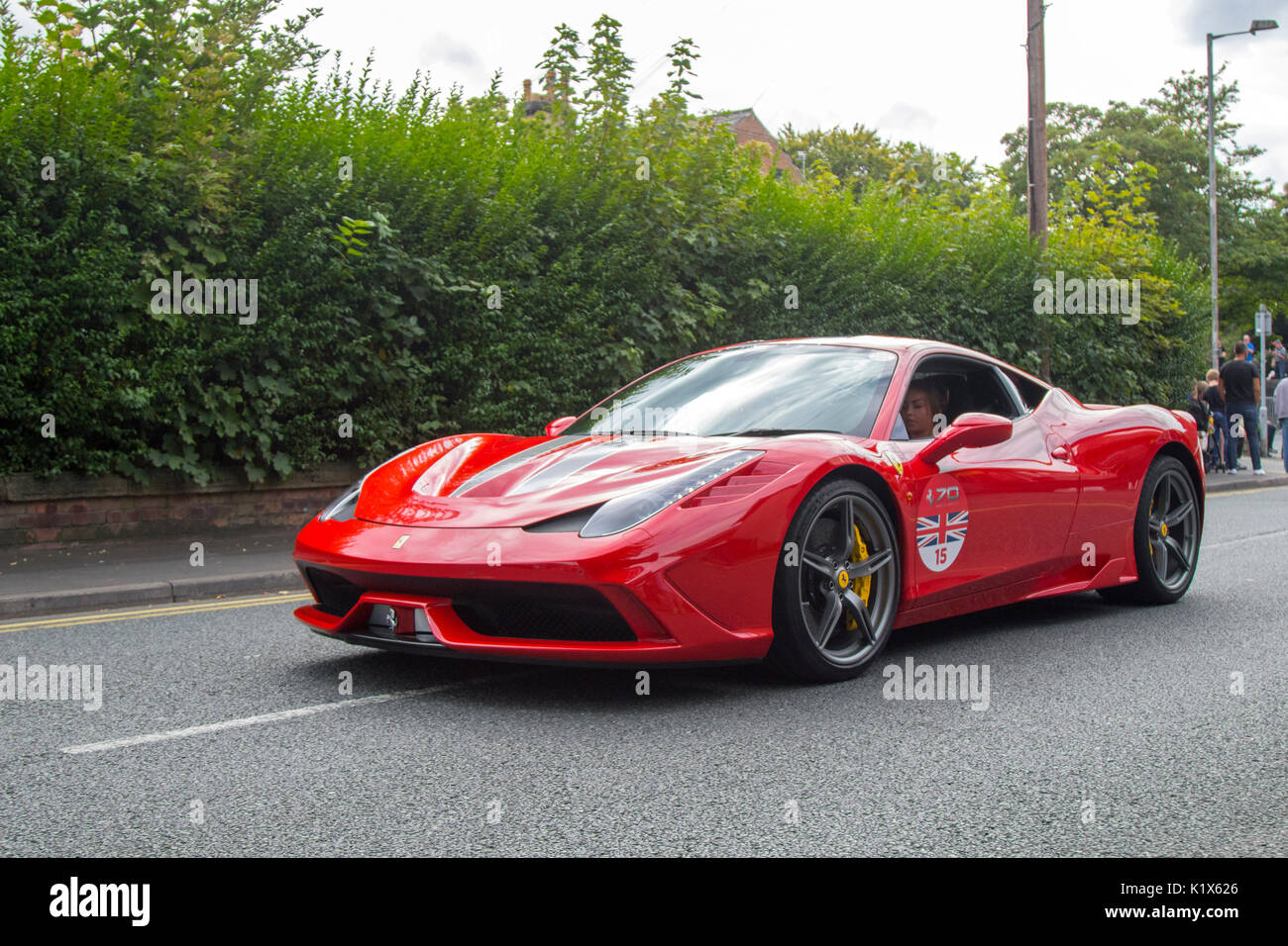 The 2017 Ormskirk MotorFest on Sunday 27 August. 300 vintage, Ferrari classic Ferrari 458 Speciale AB S-A & cars from all eras of motoring lined up on town centre streets and in Coronation Park for people to admire. Thousands of people attended Ormskirk for this fantastic free family event to admire the fabulous range of sports vehicles. Stock Photo
