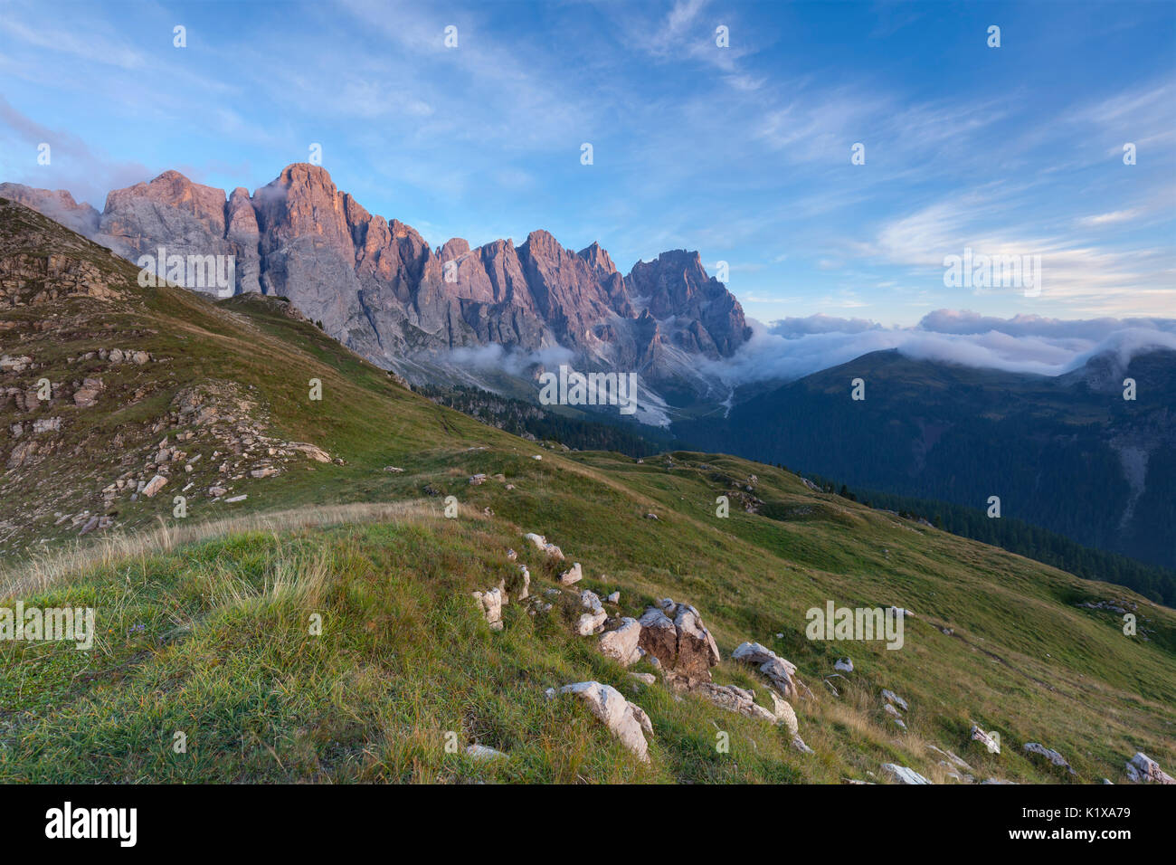 Europe, Italy, Trentino, Dolomites.  From the crest of Caladora the Pale di San Martino at sunset, Valles Pass. Stock Photo