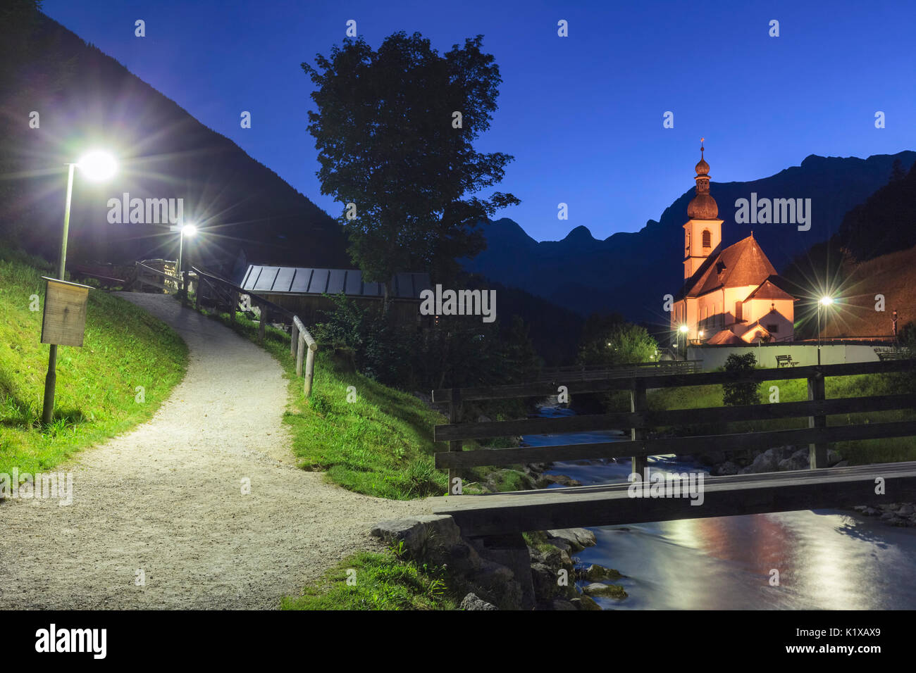 Europe, Germany, Ramsau at Berchtesgarden,  the Church of St. Sebastian by night Stock Photo