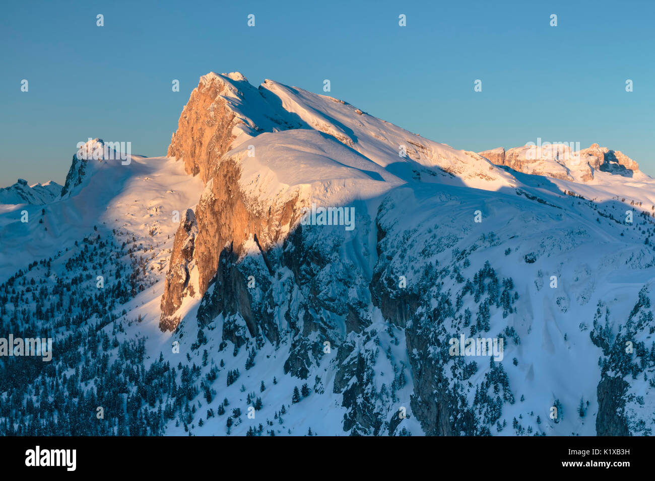 Europe, Italy, Veneto, Belluno, Agordino. The  mount Settsass southside in winter, municipality of Livinallongo del Col di Lana, Dolomites Stock Photo