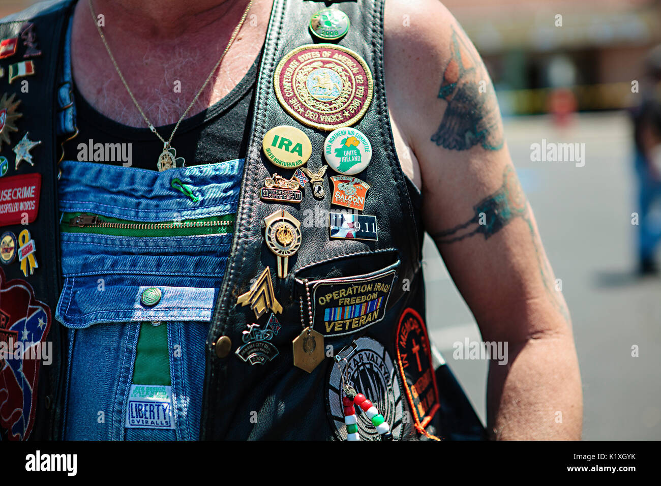 Man wearing black leather biker vest. Stock Photo