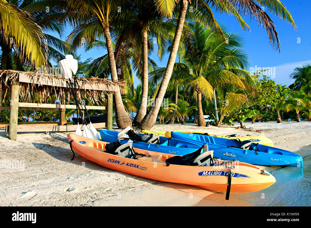 Kayaks on the beach at South Water Caye, Belize. Stock Photo