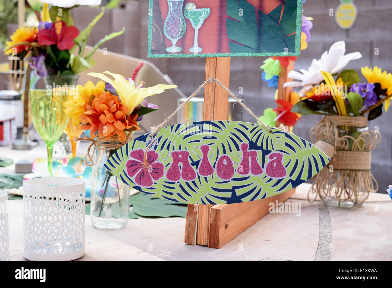 Hawaiian Tiki Bar Themed Birthday Party Decoration Stock Photo