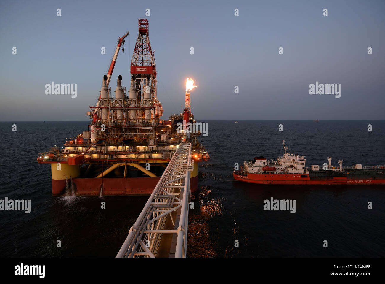 Oil rig platform on Lukoil Korchagina oil field at the north of Caspian Sea, Astrakhan region, Russia Stock Photo