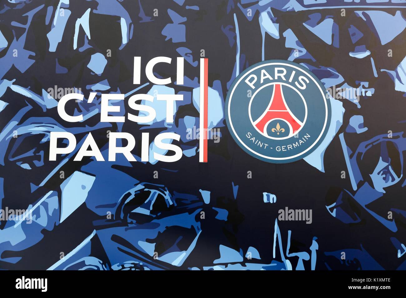 Paris, France - March 28 2016: PSG logo and slogan on the wall of Parc des Princes Stock Photo