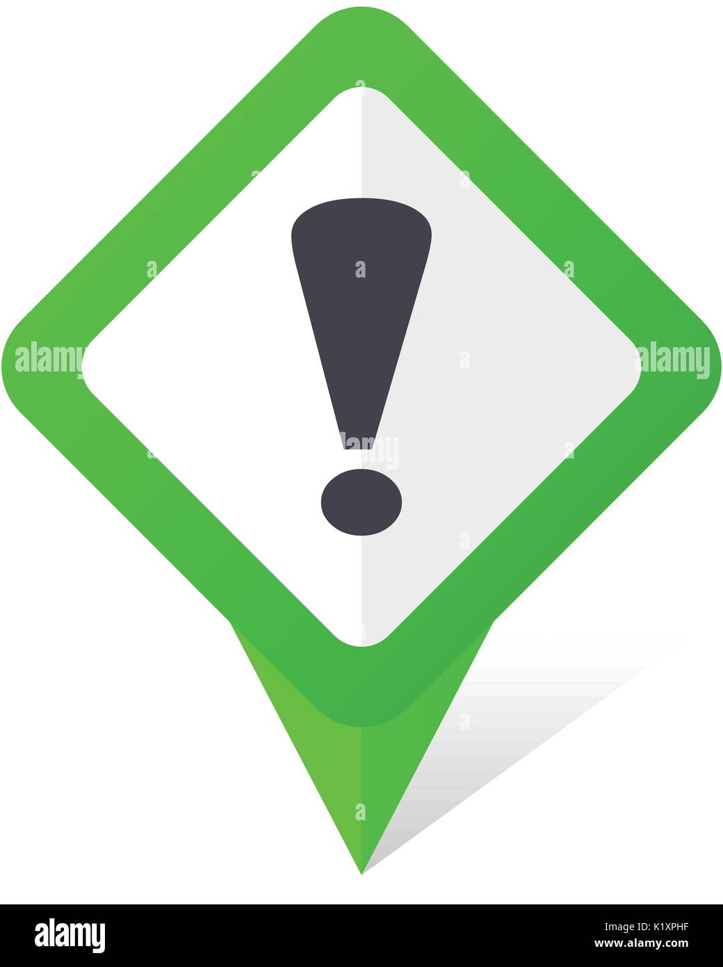 Exclamation sign green square pointer vector icon in eps 10 on white background with shadow. Stock Vector