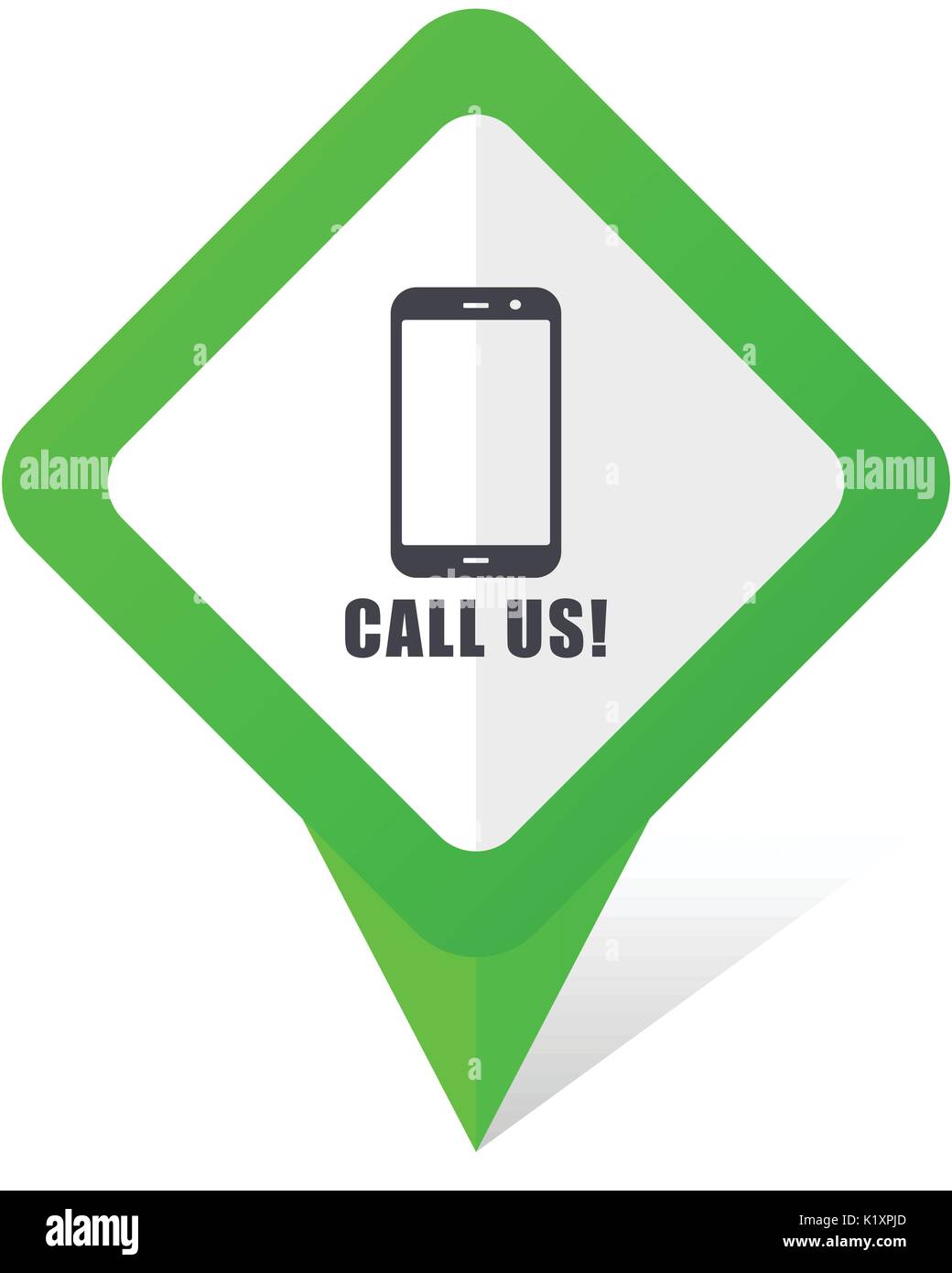 Call us green square pointer vector icon in eps 10 on white background with shadow. Stock Vector