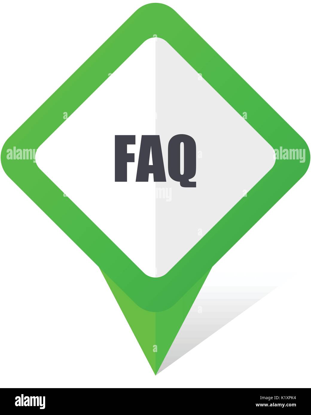 Faq green square pointer vector icon in eps 10 on white background with shadow. Stock Vector