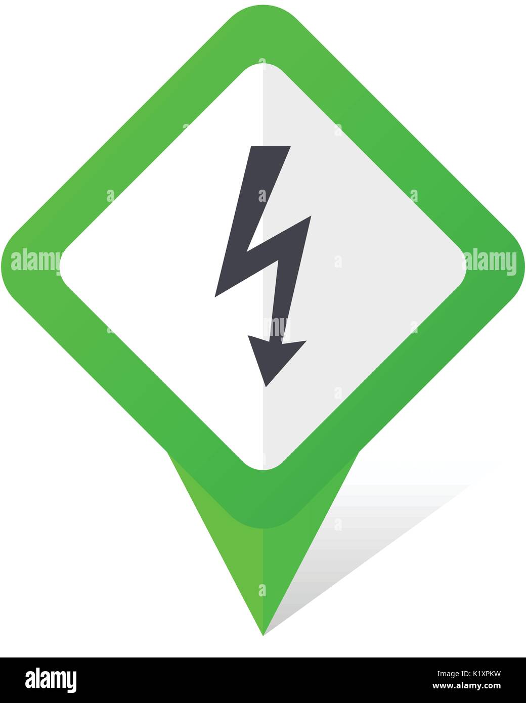 Bolt green square pointer vector icon in eps 10 on white background with shadow. Stock Vector