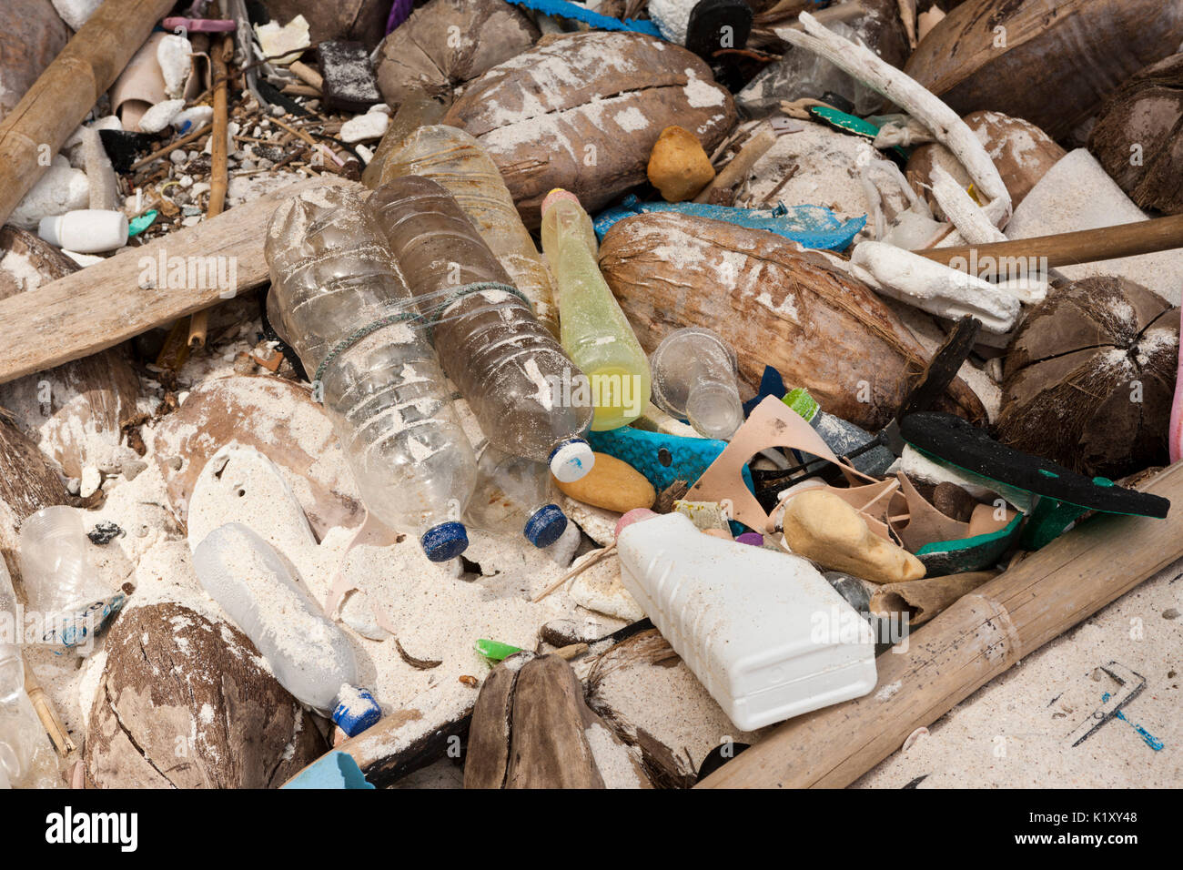 Plastic Waste washed up at shore, Christmas Island, Australia Stock Photo