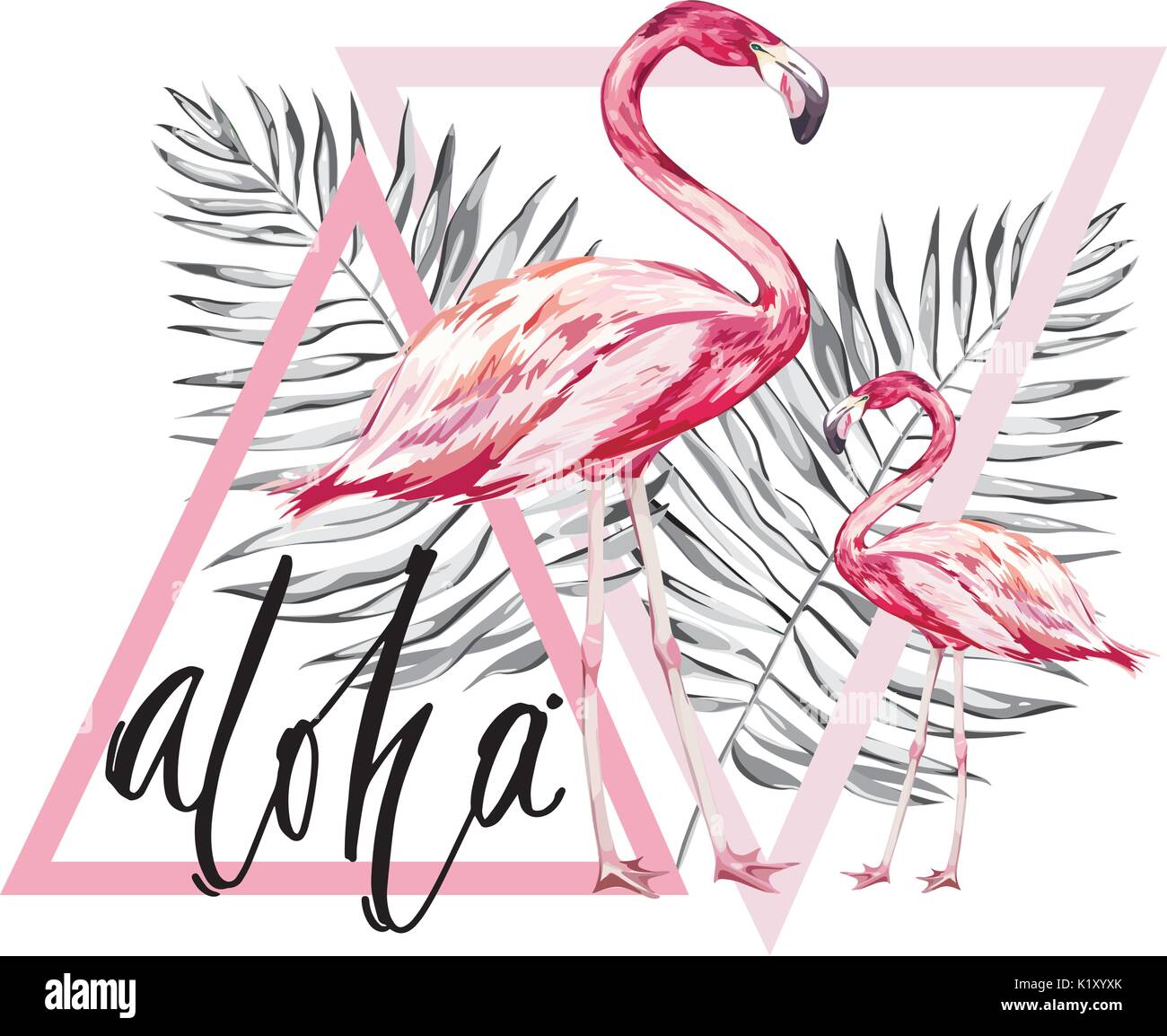 Word- Aloha. Two flamingos with tropical leaves. Element for design of invitations, movie posters, fabrics and other objects. Isolated on white. Geometry set. Vector EPS 10 Stock Vector