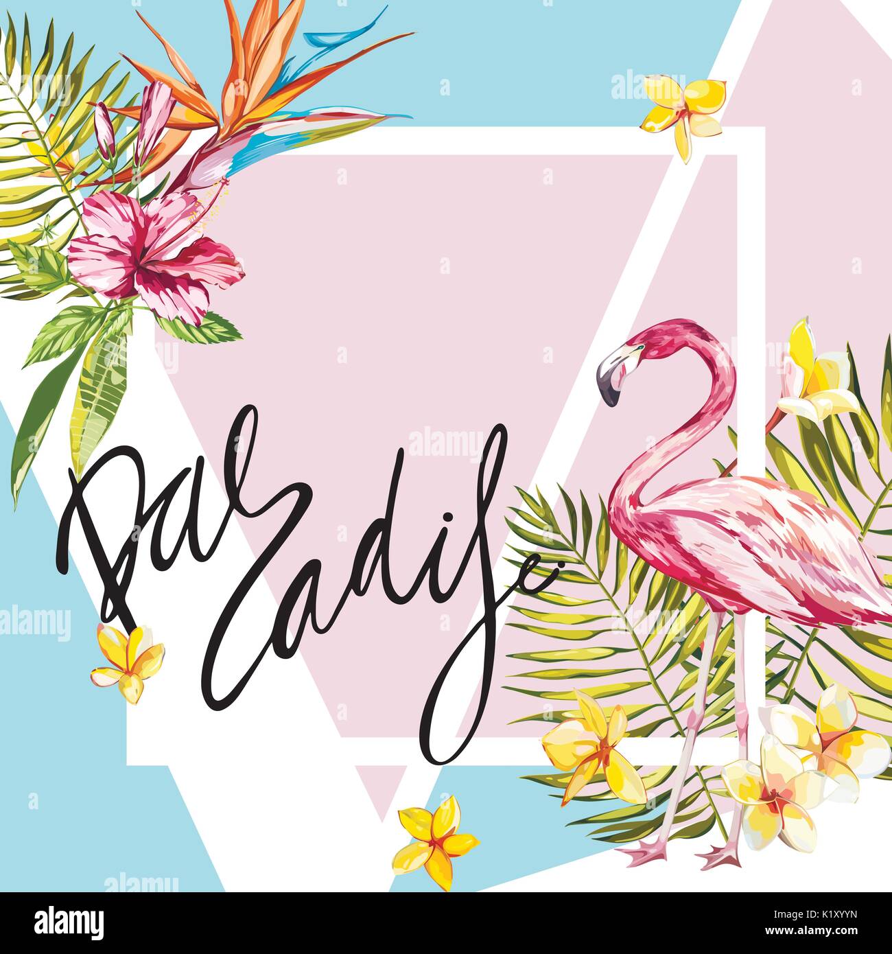 Banner, poster with flamingo, palm leaves, jungle leaf. Beautiful vector floral tropical summer background. Lettering composition - Paradise. EPS 10 Stock Vector