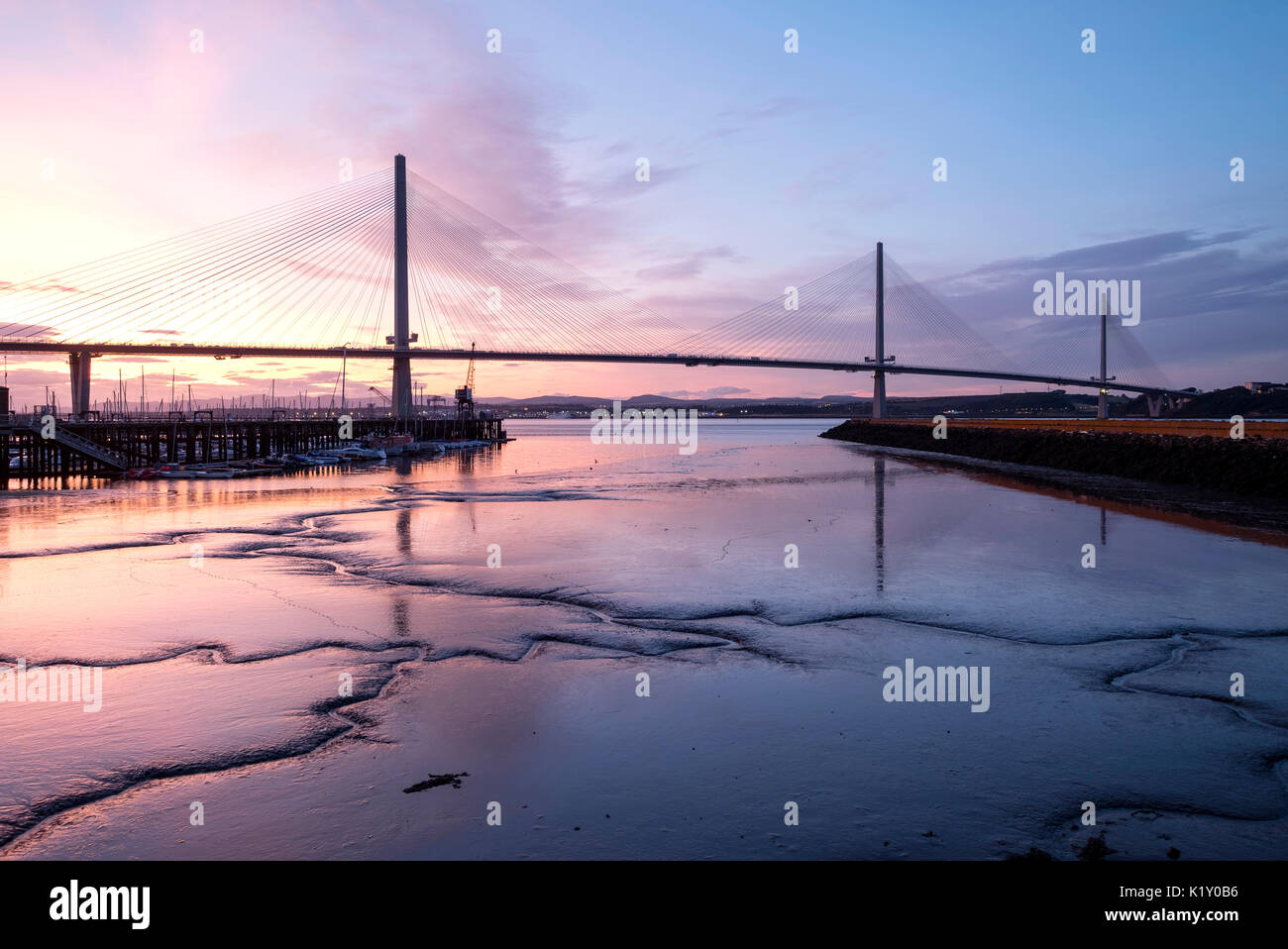 24/08/2017.  View at dusk of the new Queensferry Crossing bridge from Port Edgar South Queensferry. Stock Photo