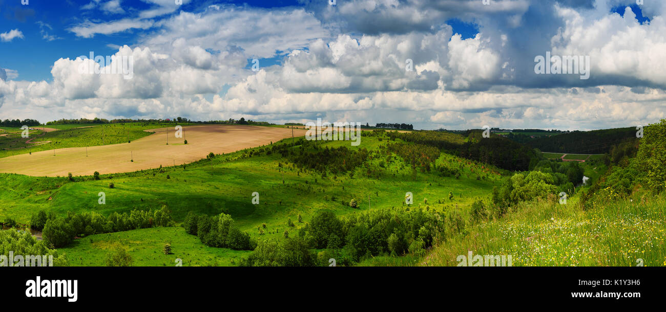 Rural landscape with fields, waves and blue sky with clouds, spring ...