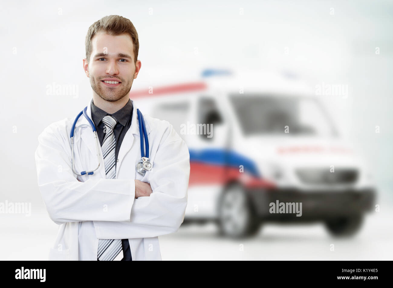 Doctor medic ambulance health care medicine hospital stethoscope composition Stock Photo