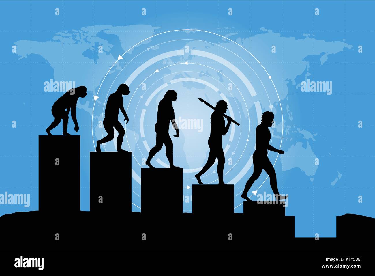 Human evolution into the present digital world. Business risk concept! Silhouette of human evolution in a negative way. Stock Vector