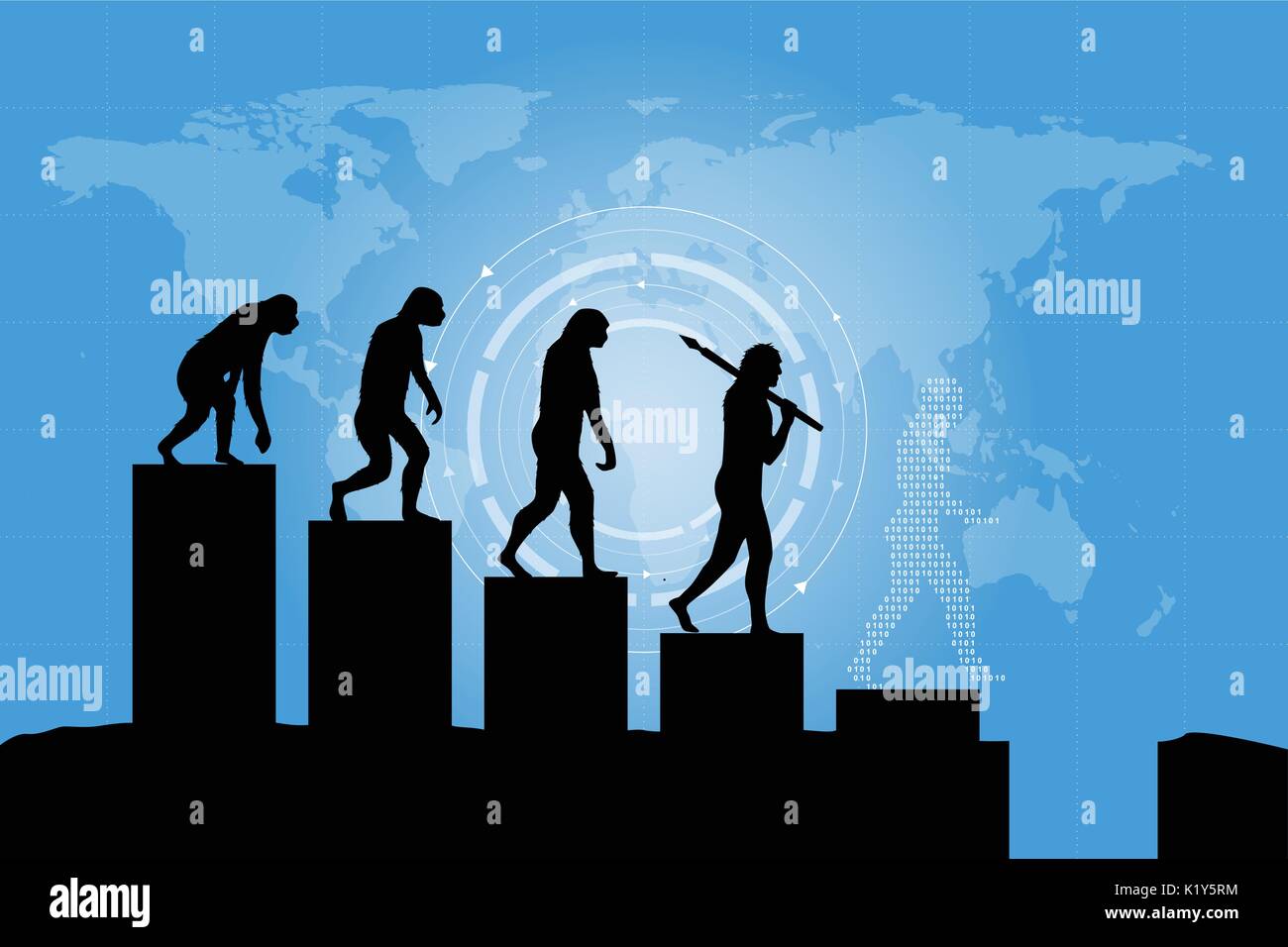 Human evolution into the present digital world. Business risk concept! Silhouette of human evolution in a negative way. Stock Vector