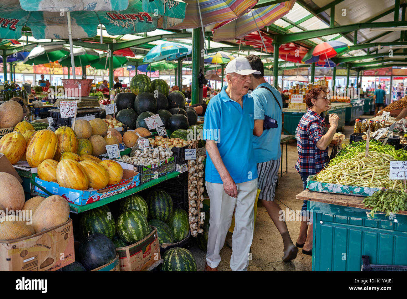 CONSTANTA, ROMANIA - AUGUST 20, 2017:  Grivitei Market on Sunday morning with colorful fruit and vegetables sold by local producers. Stock Photo