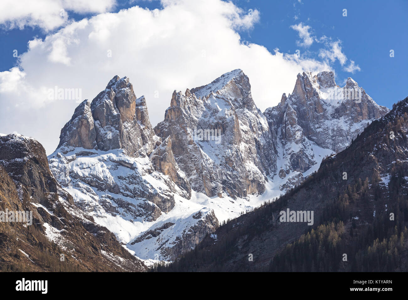 Europe, Italy, Veneto, Falcade. Focobon peaks, Pale di San Martino north east side, Dolomites Stock Photo