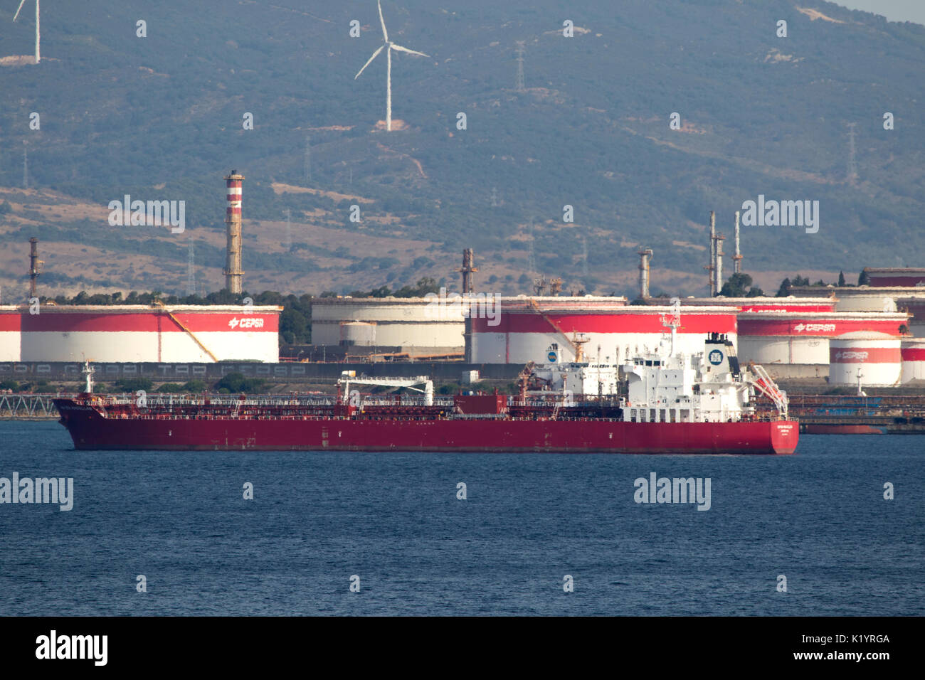 Oil Refinery Cepsa in Gibraltar UK showing heat haze Stock Photo