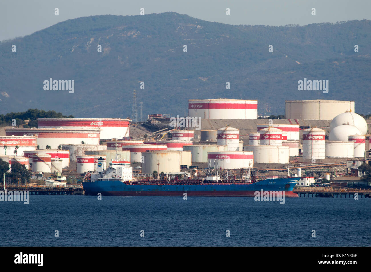 Oil Refinery Cepsa in Gibraltar UK showing heat haze Stock Photo