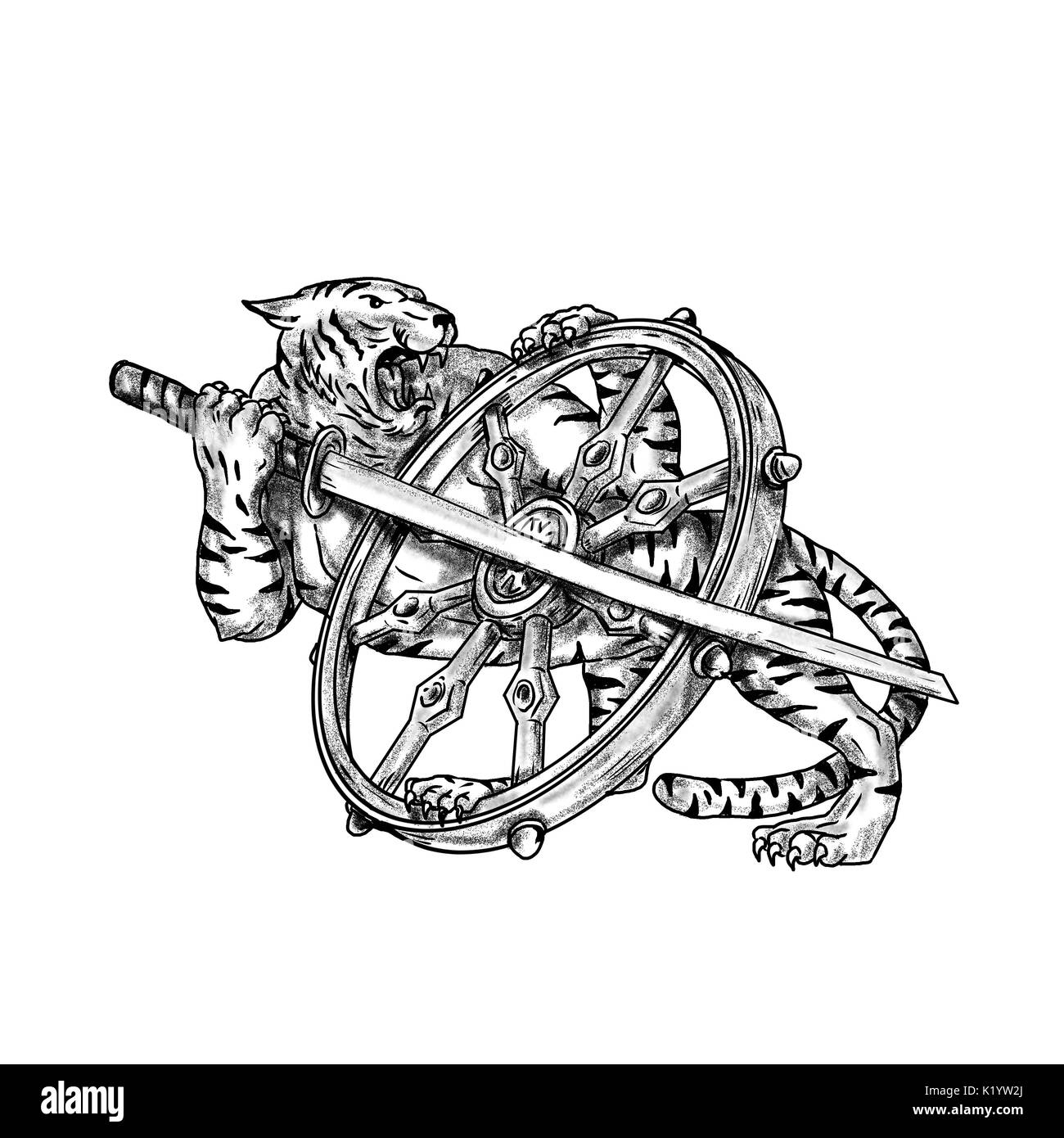 Tattoo style illustration of a Tiger With Katana Samurai Sword and Dharma Wheel done in hand sketch drawing Tattoo style. Stock Photo