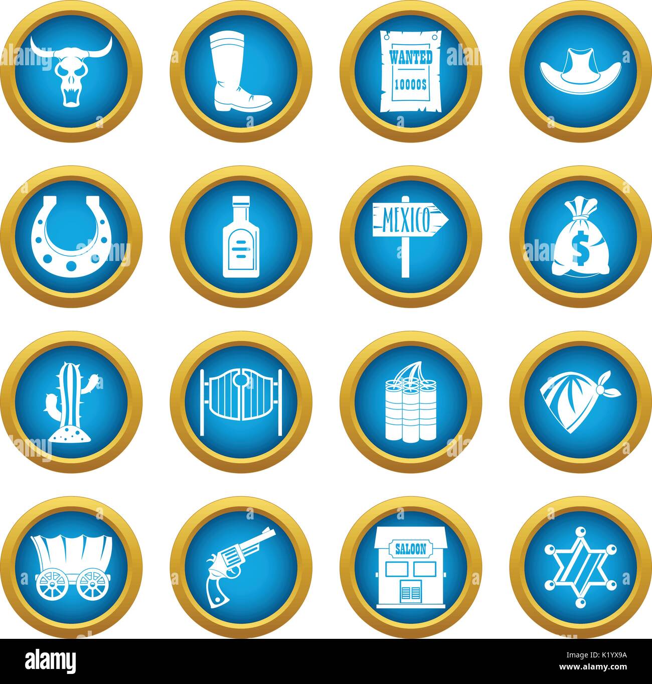 Wild west icons blue circle set Stock Vector