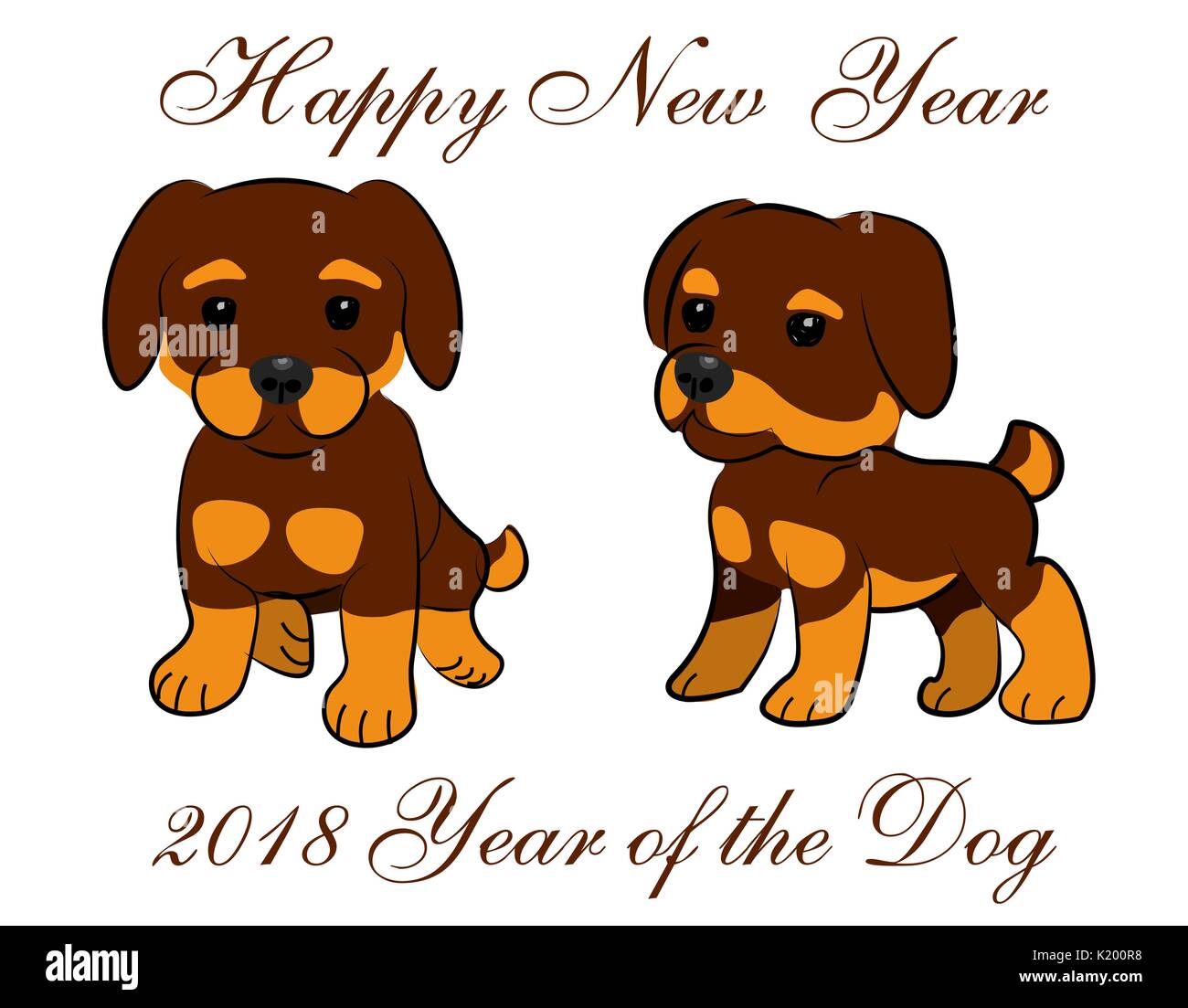 New Year card. 2018 year of the dog. Two animated puppies. illustration  Stock Vector Image & Art - Alamy