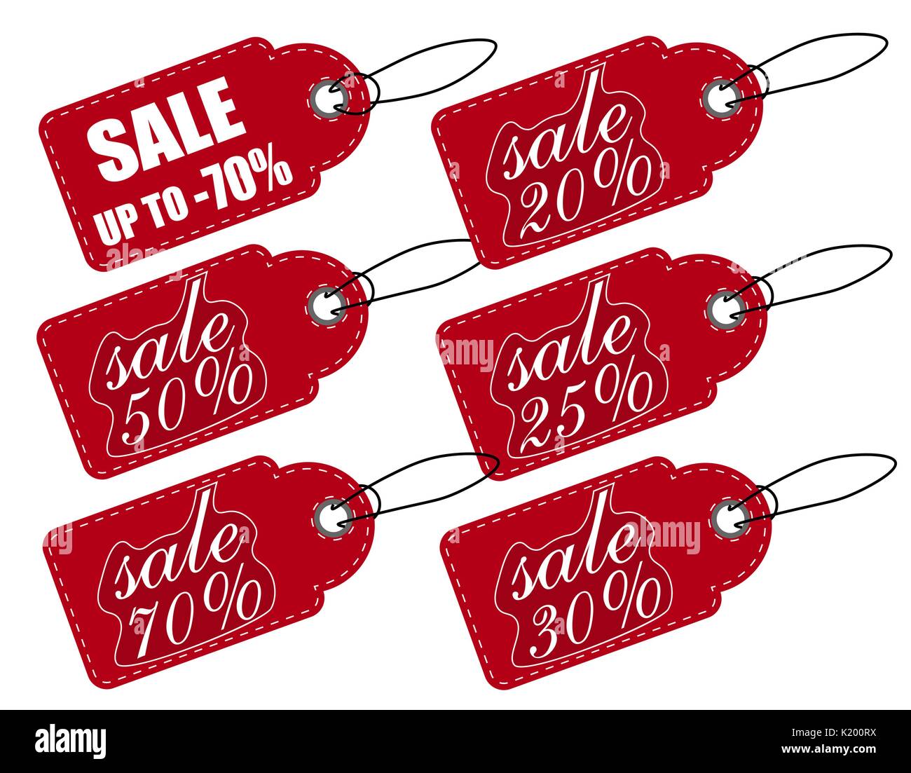Sale, price tag red. A set of various discounts. Sign isolated on white