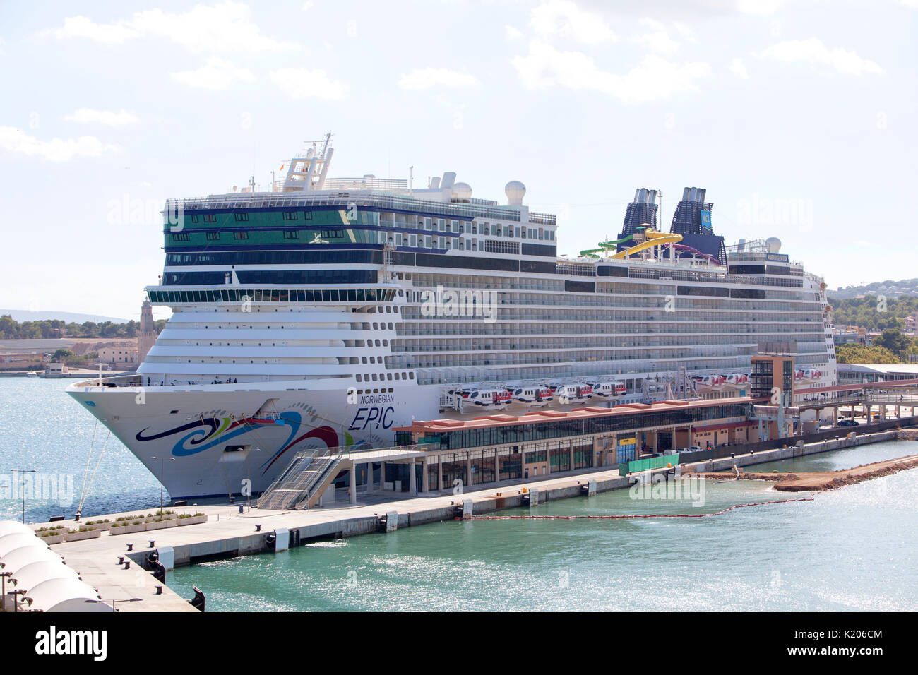 Norwegian Epic cruise ship of the Norwegian Cruise Line docked at Palma de Mallorca, Spain, Western Europe during summer Stock Photo