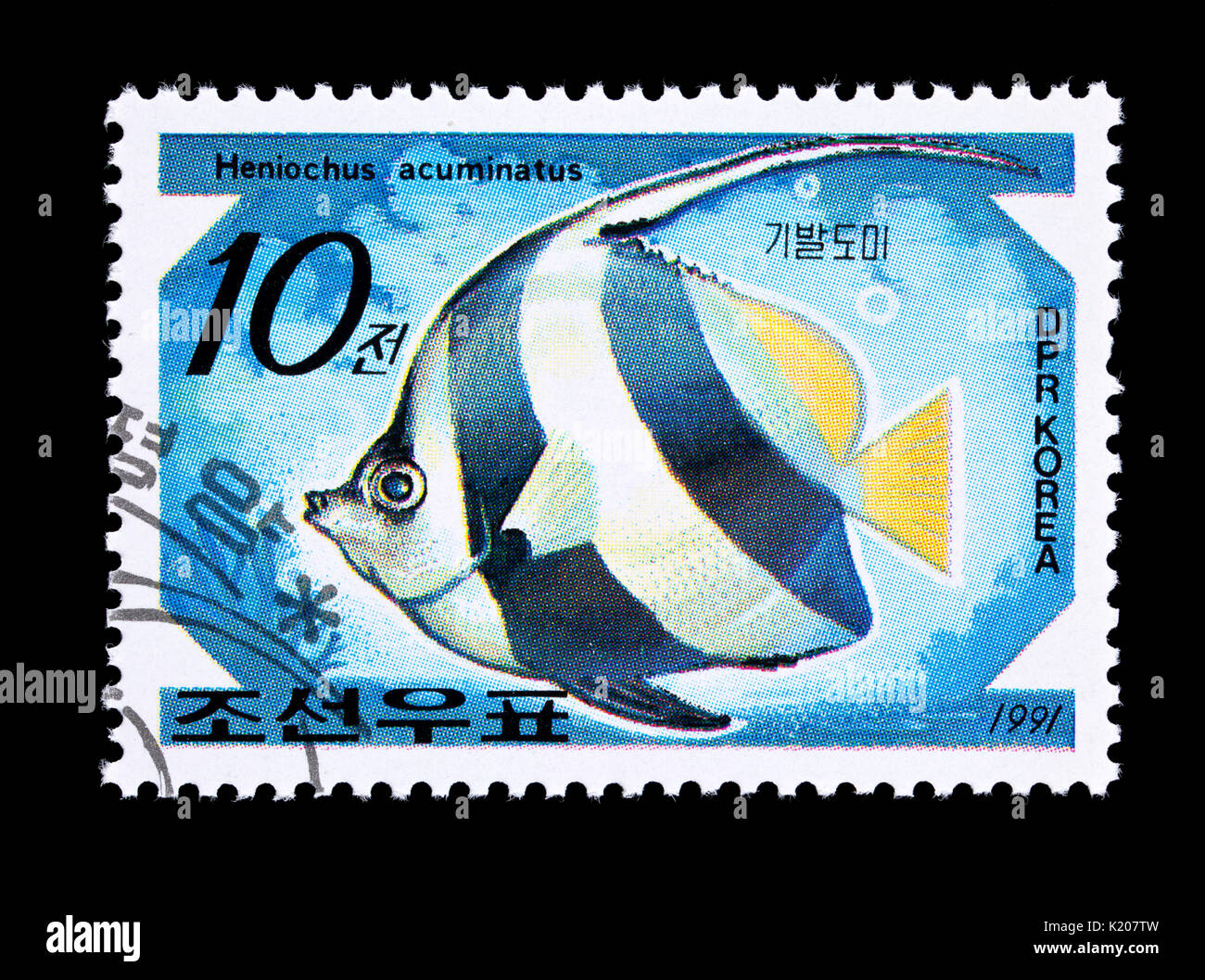 Postage stamp from Nrth Korea depicting a  pennant coralfish (Heniochus acuminatus) Stock Photo