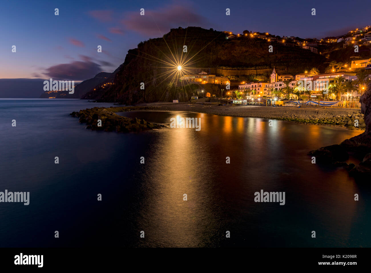 Blue hour with Madalena do Mar, Funchal, Madeira, Portugal Stock Photo