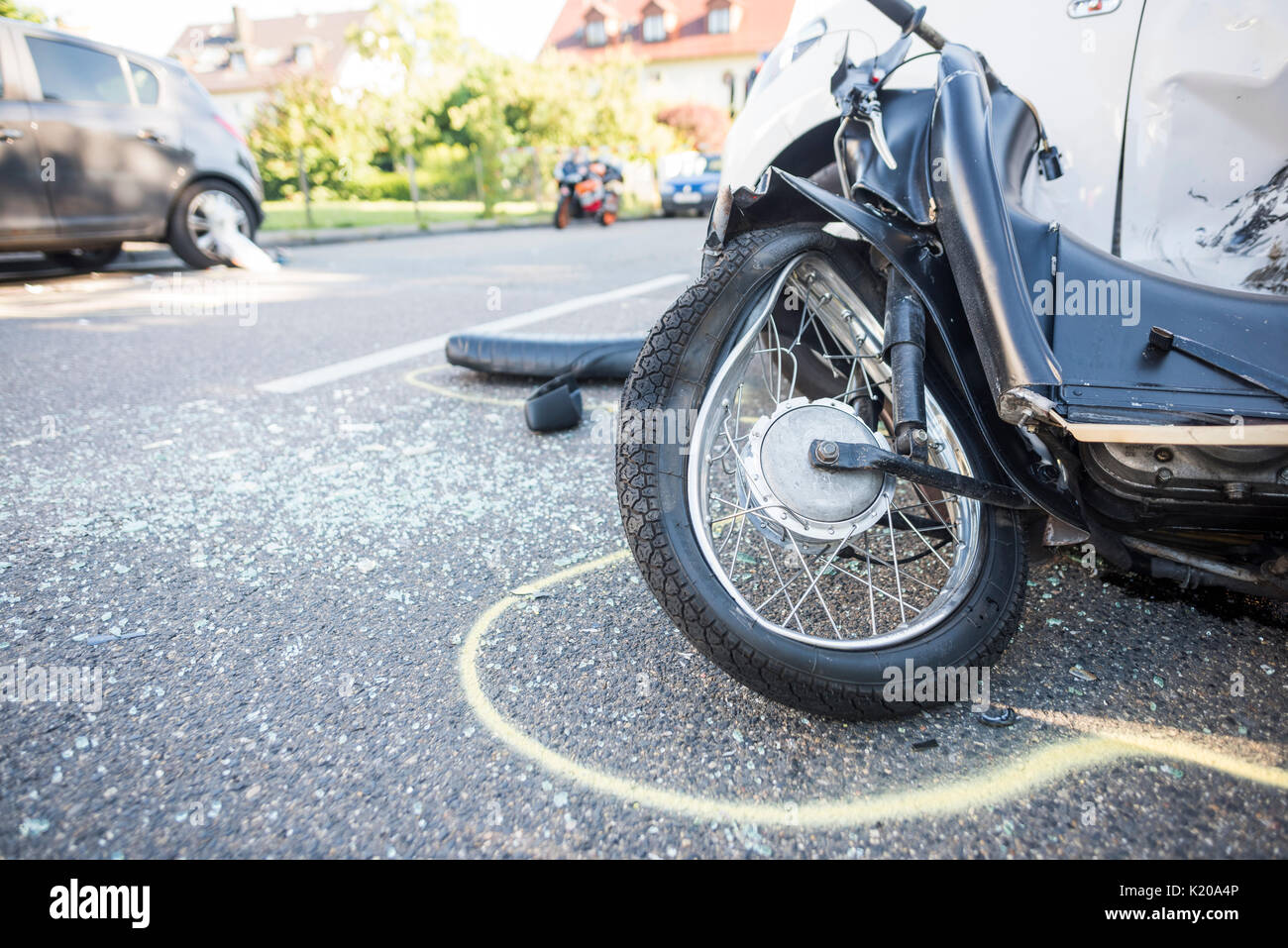 Heavy road accident, Simson scooter crashing in car, Germany Stock Photo