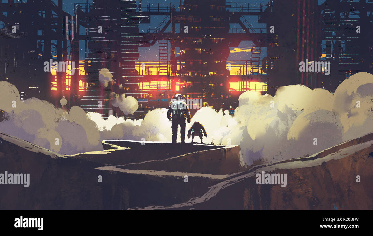 astronaut and little robot looking at futuristic city at sunset, digital art style, illustration painting Stock Photo