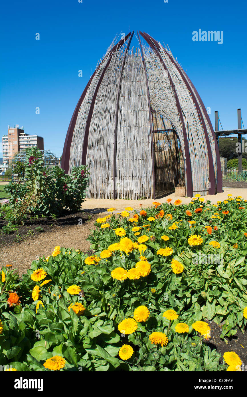Adelaide, SA, Australia - 13 August 2017: Bamboo hut behind the calendula officinalis garden bed in the kitchen garden at the Adelaide Botanic Garden. Stock Photo