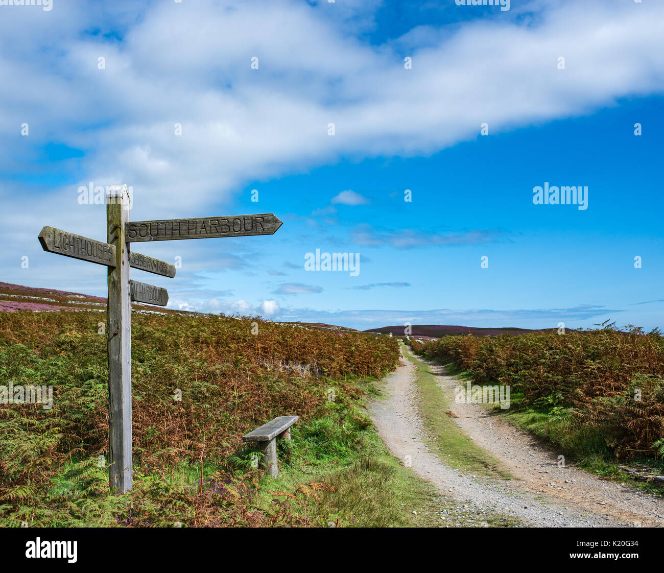 Wooden signpost at Calf Of Man, path to cow harbour Stock Photo