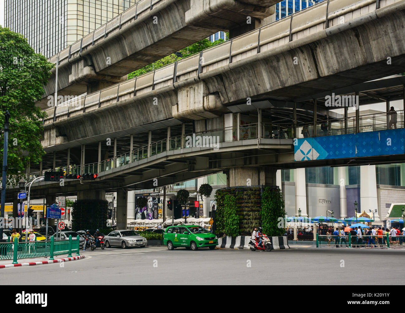 BANGKOK, THAILAND - JUN 18, 2016. Traffic at Siam district in Bangkok, Thailand. Annually an estimated 150,000 new cars join the already heavily conge Stock Photo