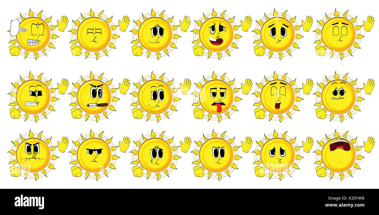 Cartoon sun with waving hands. Collection with sad faces. Expressions vector set. Stock Vector