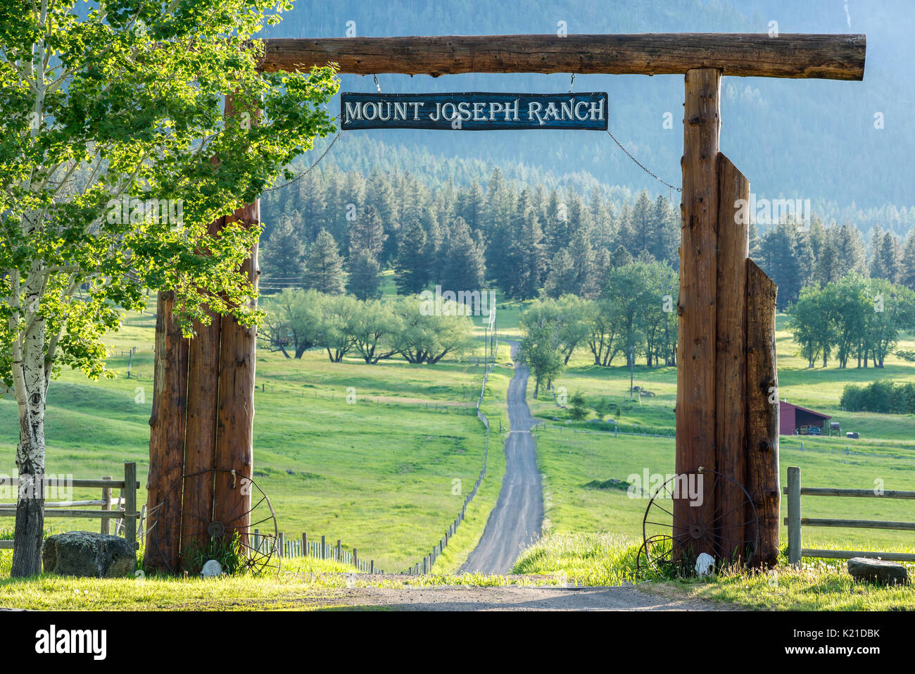 Entrance to Mount Joseph Ranch in Oregon's Wallowa Valley Stock Photo