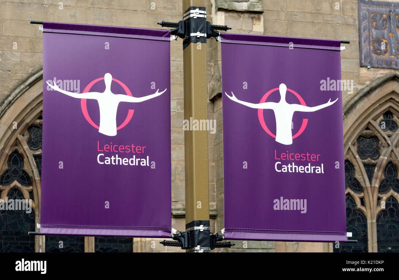 Banners outside Leicester Cathedral, Leicestershire, England, UK Stock Photo