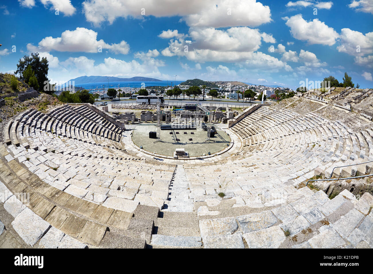 Ruins of Bodrum Antique Theatre , Halikarnassos ancient city in Turkey Stock Photo