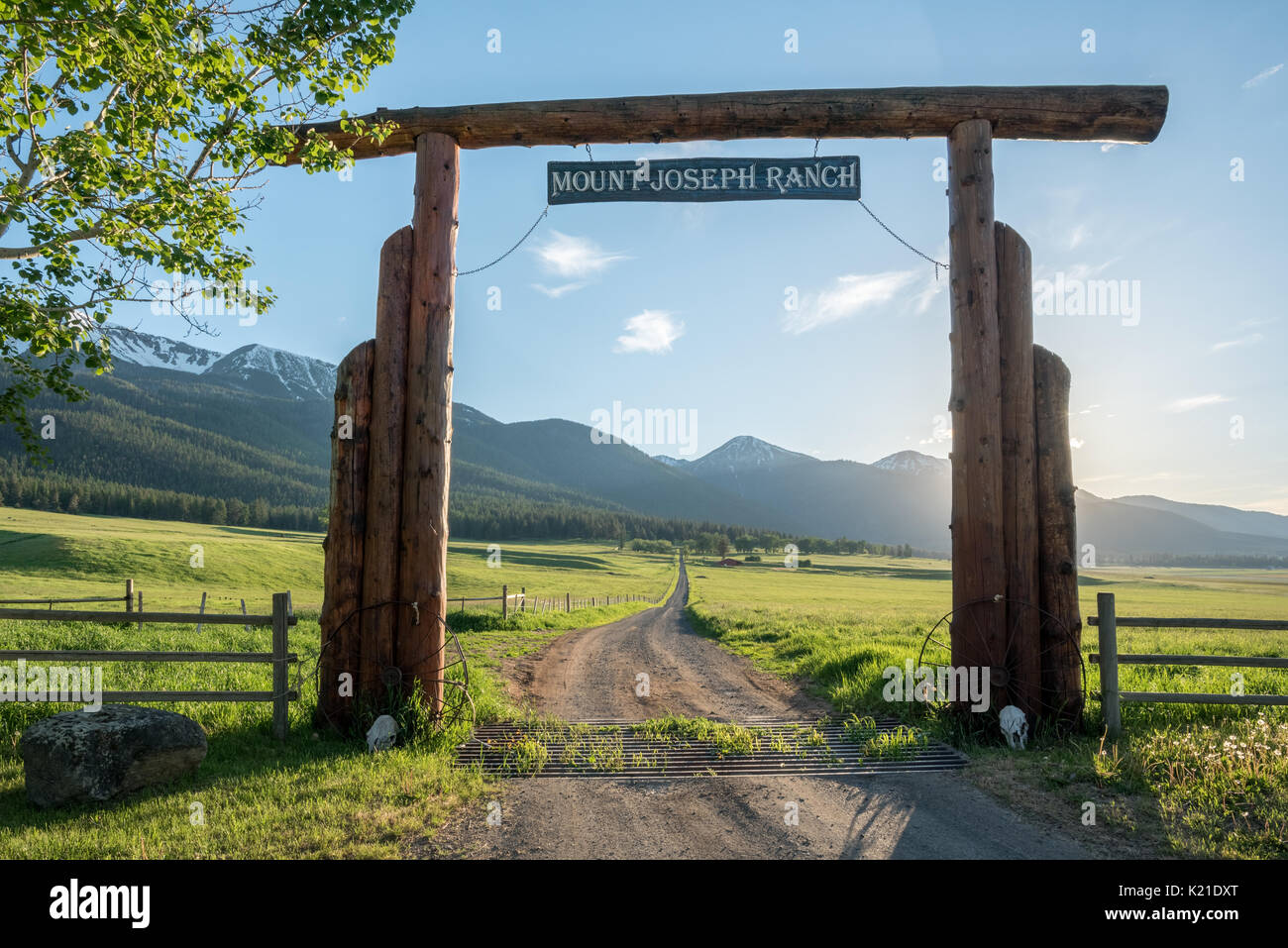 Entrance to Mount Joseph Ranch in Oregon's Wallowa Valley Stock Photo