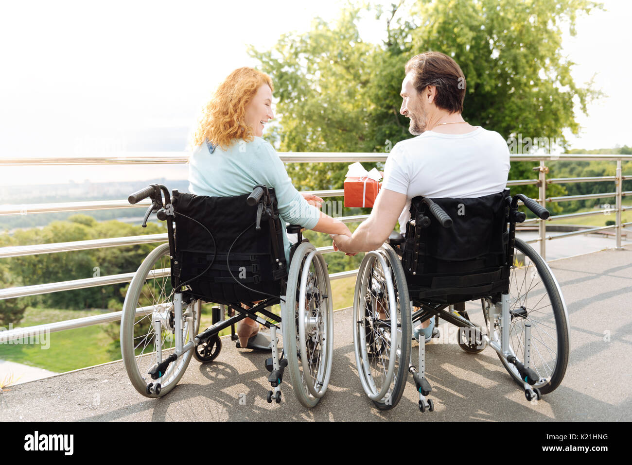 Cheerful senior couple resting outdoors in the wheelchairs Stock Photo