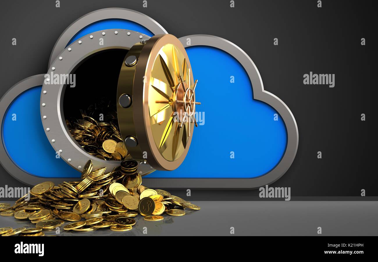 3d illustration of cloud with golden coins over black background Stock ...