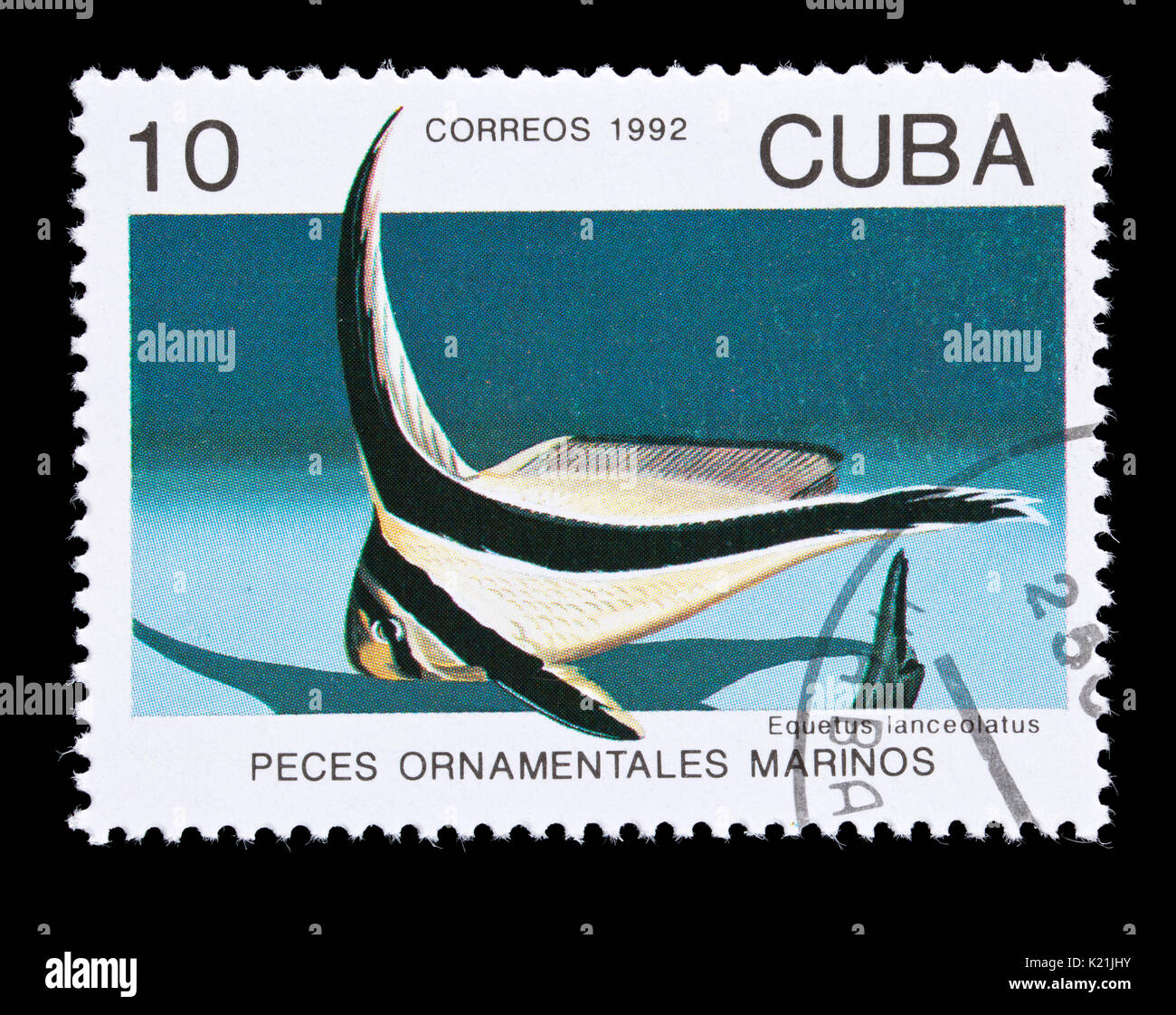 Postage stamp from Cuba depicting a jack-knifefish  (Equetus lanceolatus) Stock Photo