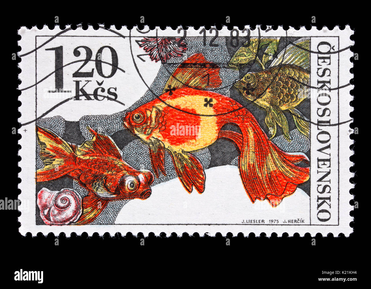 Postage stamp from Czechoslovakia depicting a goldfish (Carassius auratus) Stock Photo