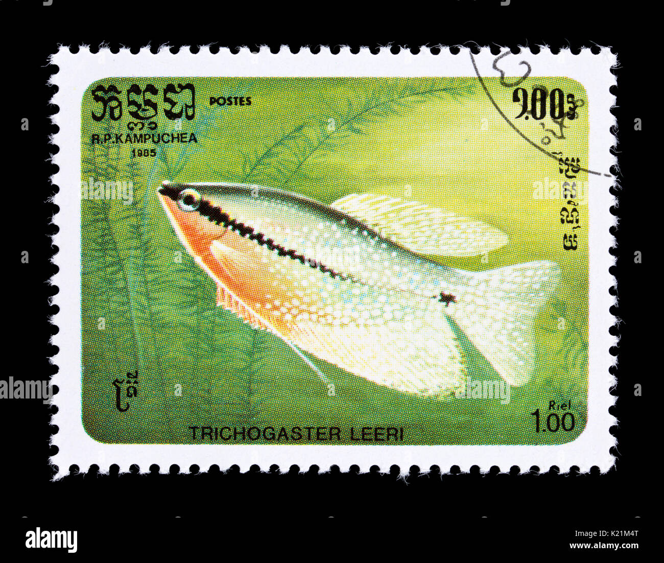 Postage stamp from Cambodia (Kampuchea) depicting a pearl gourami (Trichopodus leerii) Stock Photo