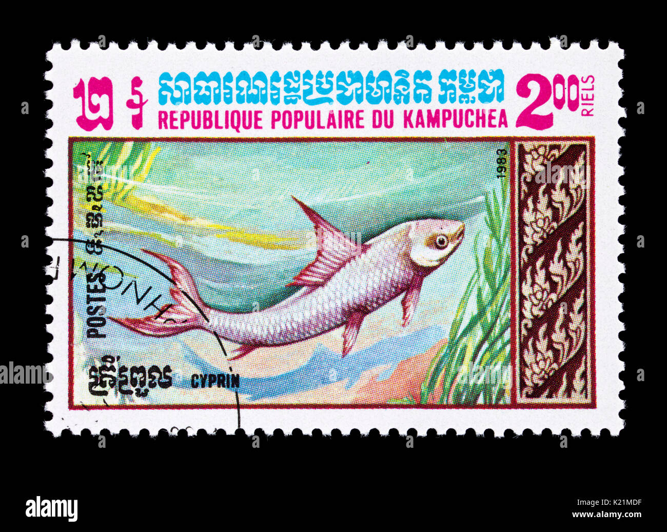 Postage stamp from Cambodia (Kampuchea) depicting a cyprinidae fish species. Stock Photo