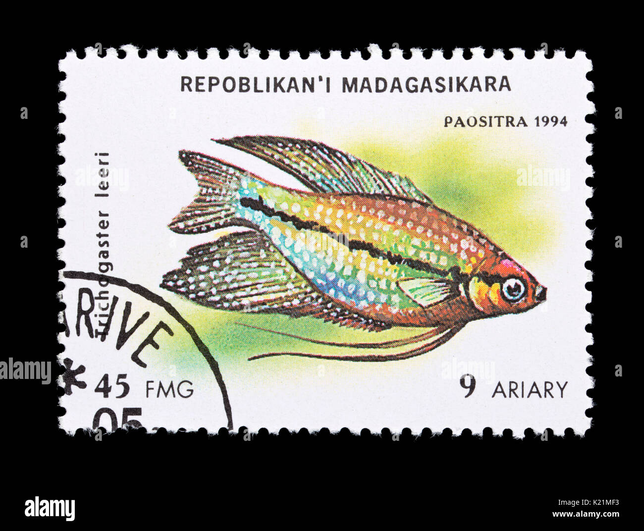 Postage stamp from Madagascar  depicting a pearl gourami (Trichopodus leerii) Stock Photo